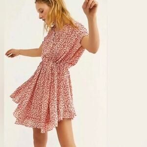 Free People One Fine Day White Red Ditsy Floral Babydoll Swing Dress SZ S